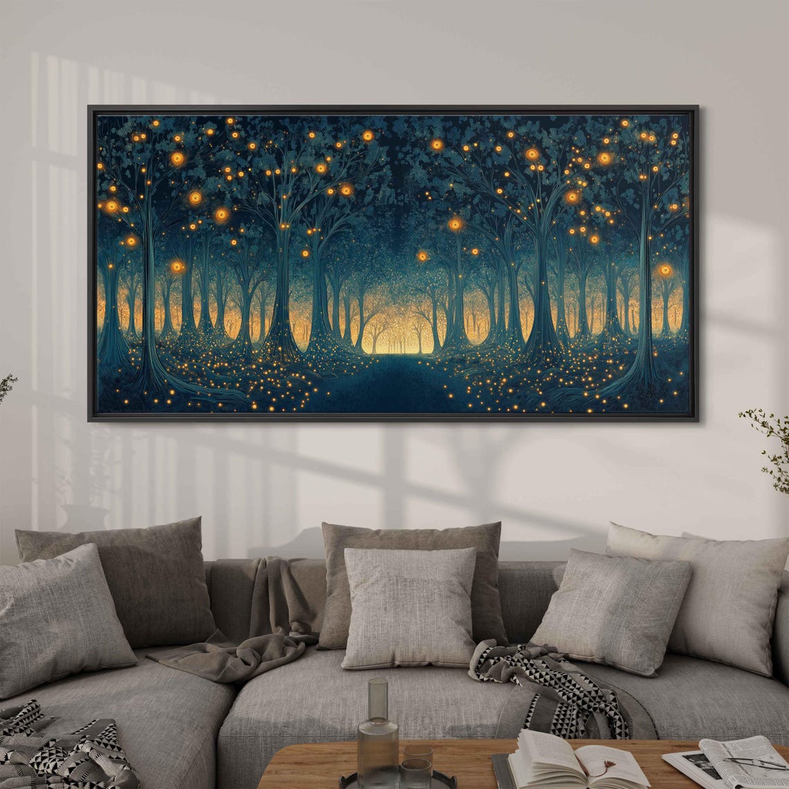 Magical Forest Glade Engulfed With Fireflies Wall Art Print Fantasy Nature Art Enchanted Trees Ready To Hang