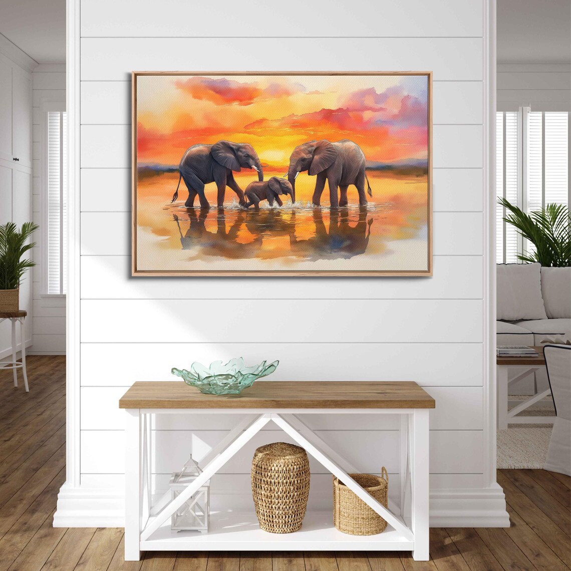 Elephants Bathing At Sunset Watercolor Family Reflection Wildlife Poster - Image 3