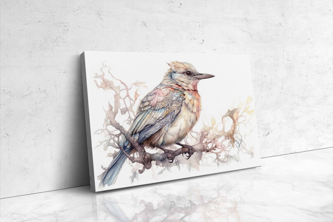 Pastel Songbird On Branch Watercolor Painting Bird Wall Art Poster - Image 4