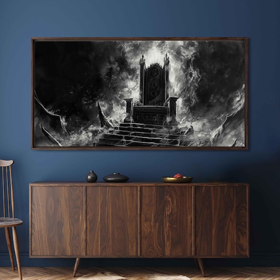 Gothic Throne on Stormy Cliffs Dramatic Dark Fantasy Painting Halloween Poster