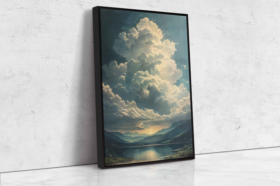 Dramatic Cumulus Clouds Mountain Lake Sunset Reflection Art Poster - Image 4