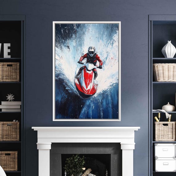 Jet Skier Racing Across Lake Wall Art Print Bright Red Accents Contemporary Style Dynamic Motion