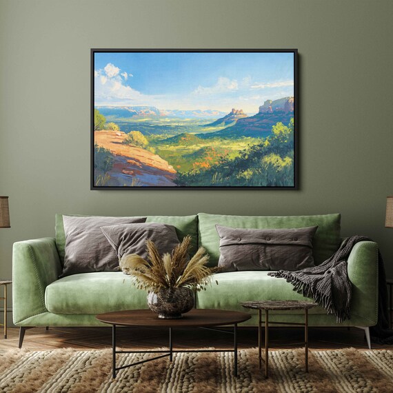 Vibrant Sedona Arizona Red Rock Broad Panoramic Landscape Wall Art Print Western Painting Canyon Gorge Ready To Hang