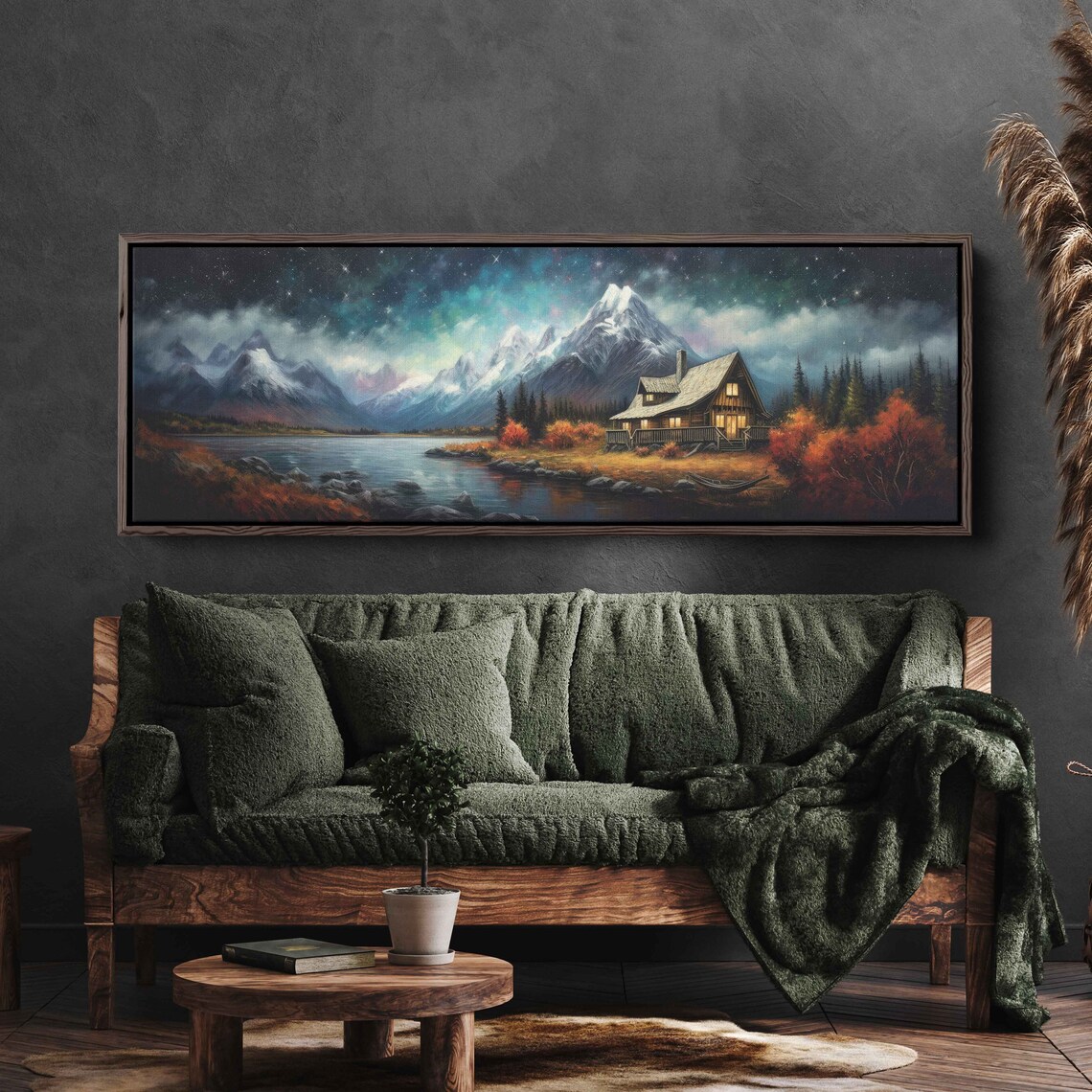 Log Cabin by Alpine Lake Starry Aurora Night Snowy Peaks Poster