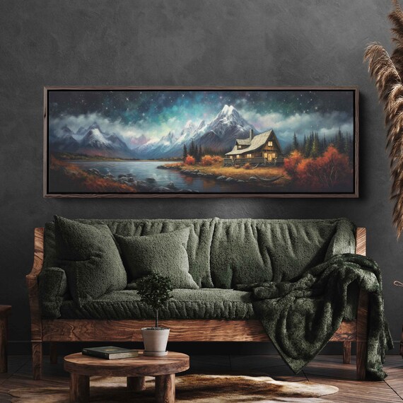 Log Cabin by Alpine Lake Starry Aurora Night Snowy Peaks Poster