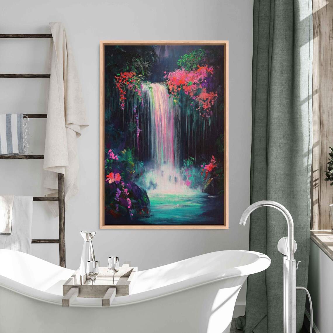 Glowing Neon Waterfall With Pink Flowers And Teal Pool Art Poster - Image 3