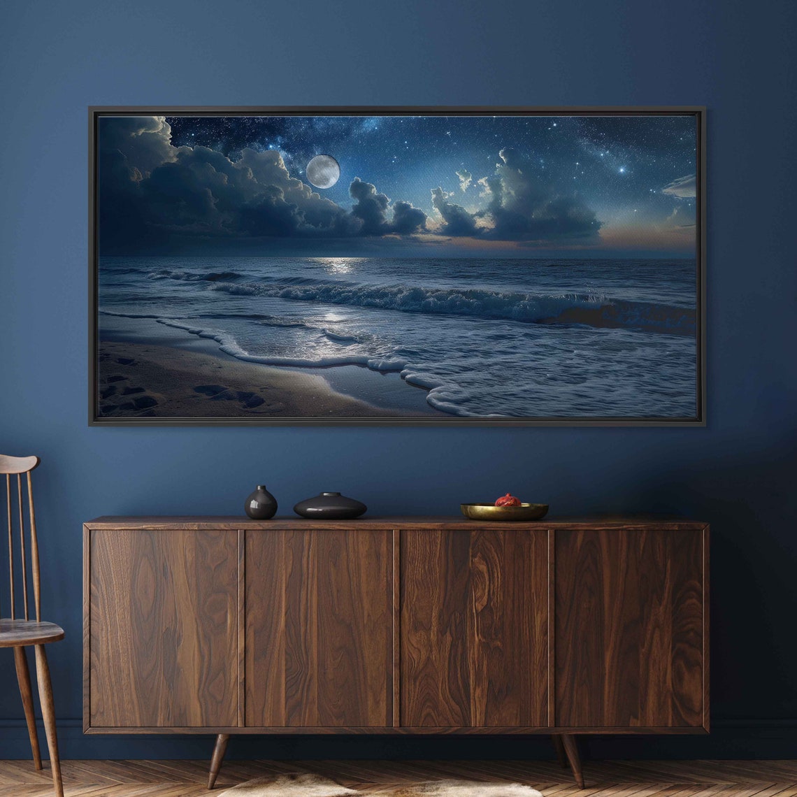 Moonlit Ocean Waves Rolling Onto Sandy Beach Night Sky Poster - Image 3