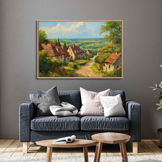 Vintage European Village Wall Art Print Quaint Cottages Cobblestone Streets Lush Valley