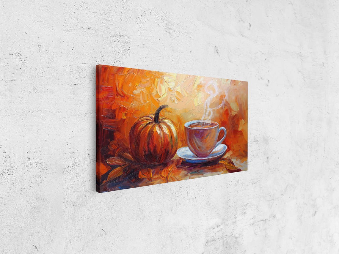 Steaming Teacup With Pumpkin On Fiery Orange Abstract Art Print - Image 4