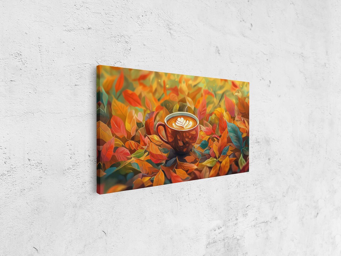 Latte Cup With Leaf Art Nestled Among Vibrant Autumn Leaves Colorful Painting Poster - Image 4