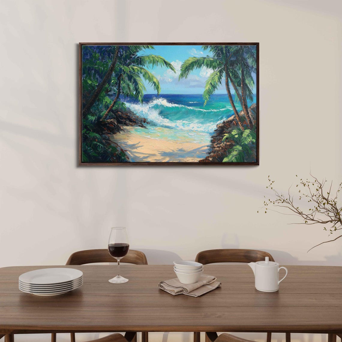 Tropical Surf Scene With Sandy White Beach Wall Art Print Gift For Surfer Palm Trees Ocean Painting Ready To Hang