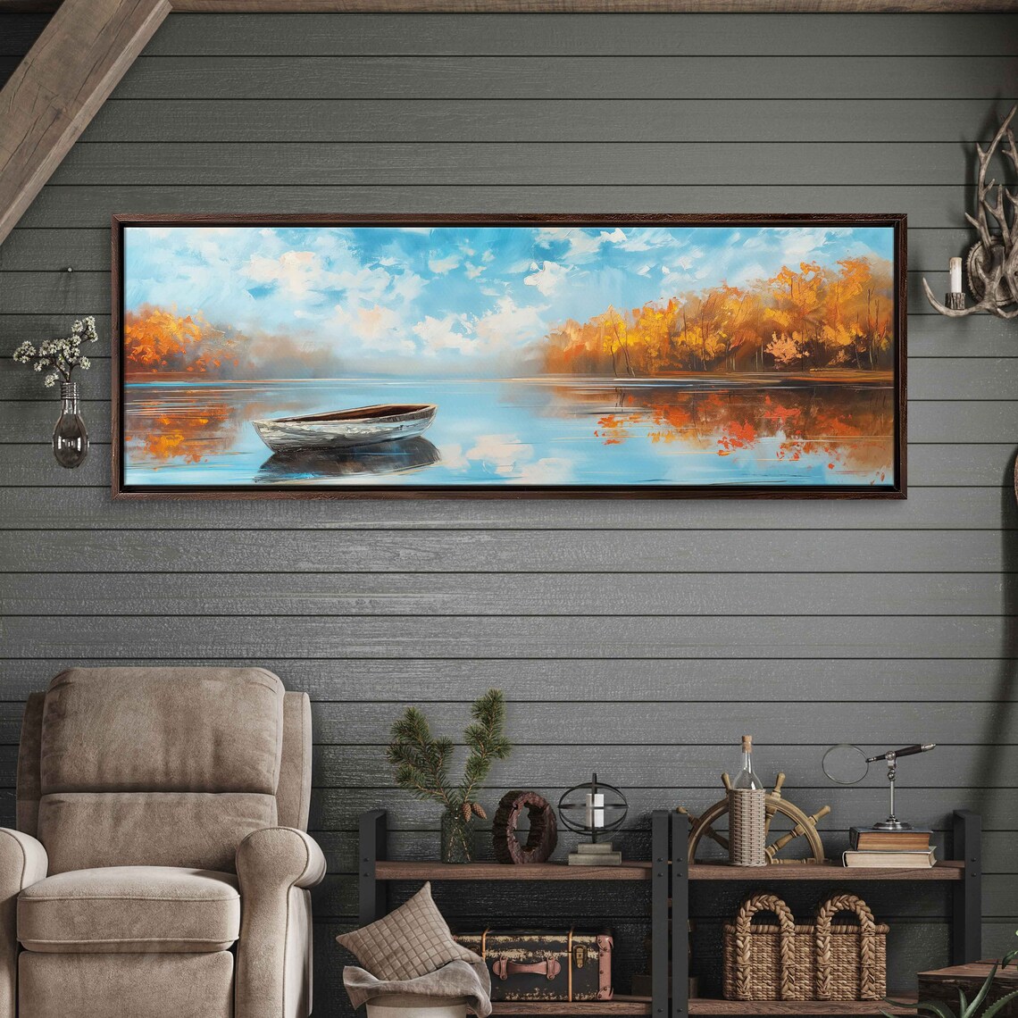 Rowboat On Serene Autumn Lake With Golden Foliage Painting Poster