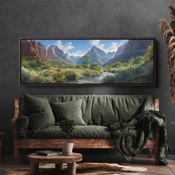 Zion National Park Expanse Panoramic Wall Art Print Gift For Traveler Canyon River Lush Valley Red Cliffs Ready To Hang
