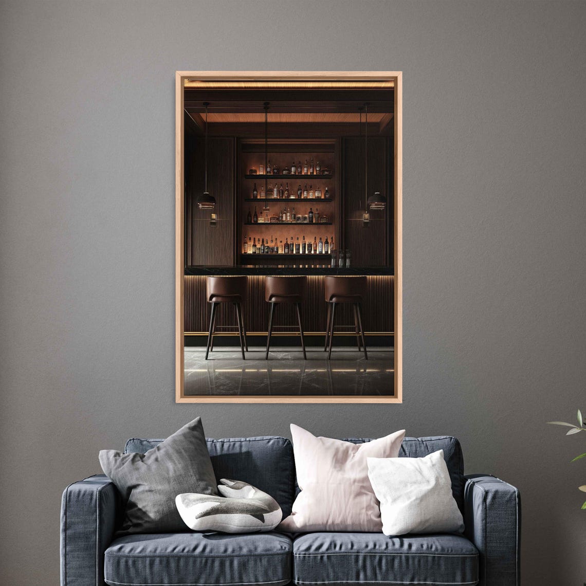 Dark Moody Home Bar Interior With Bottle Shelves And Stools Poster - Image 3