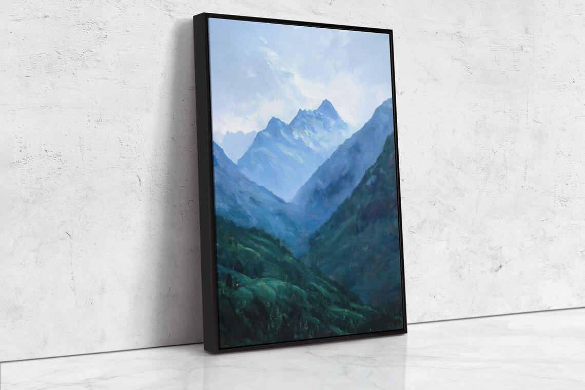 Misty Mountain Valley Blue Peaks Lush Green Slopes Nature Poster - Image 4