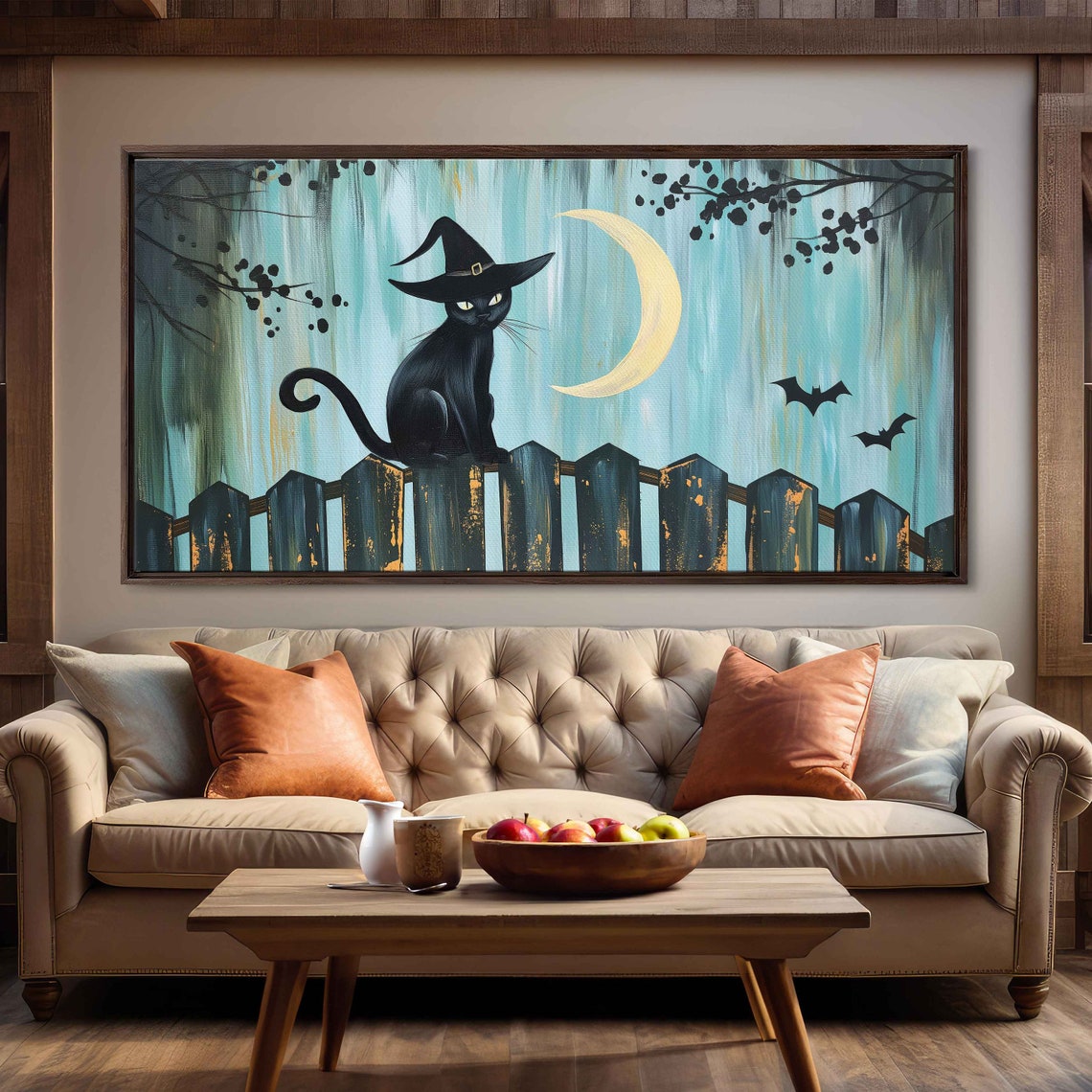 Black Cat Wearing Witch Hat Crescent Moon Night Halloween Wall Art - Image 3