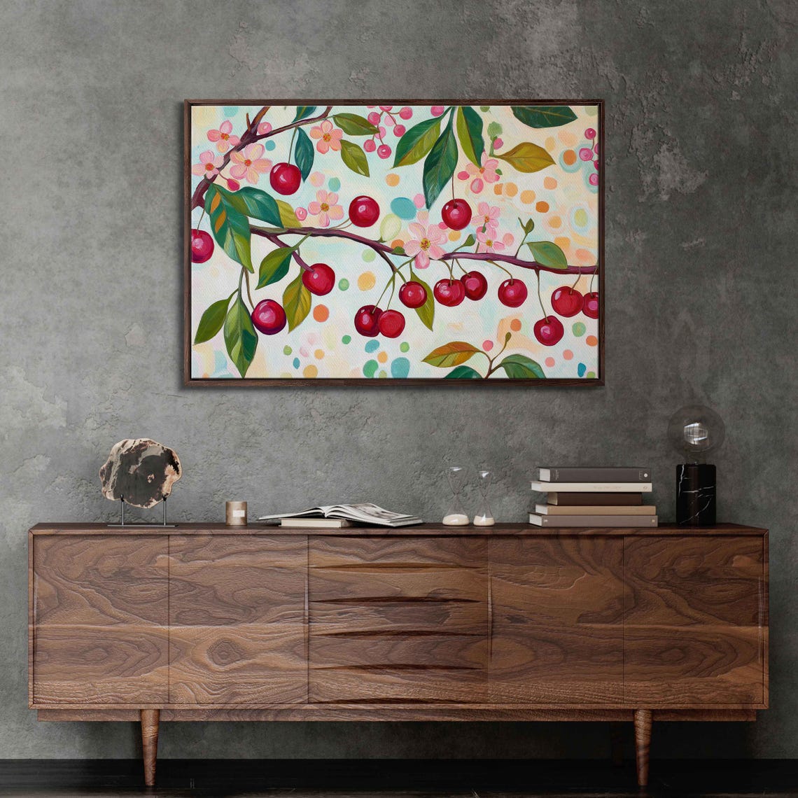 Bright Red Cherries Cherry Blossoms Whimsical Polka Dot Art Poster - Image 3