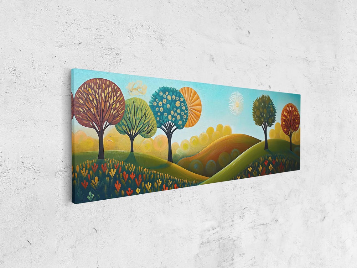 Art Deco Landscape Wall Art Print Enchanting Oil Painting Vibrant Colors Stylish Trees Sunbursts - Image 4