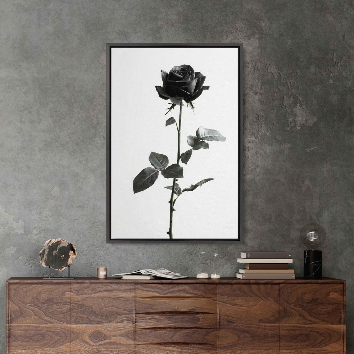 Single Black Rose On White Minimalist Botanical Flower Poster