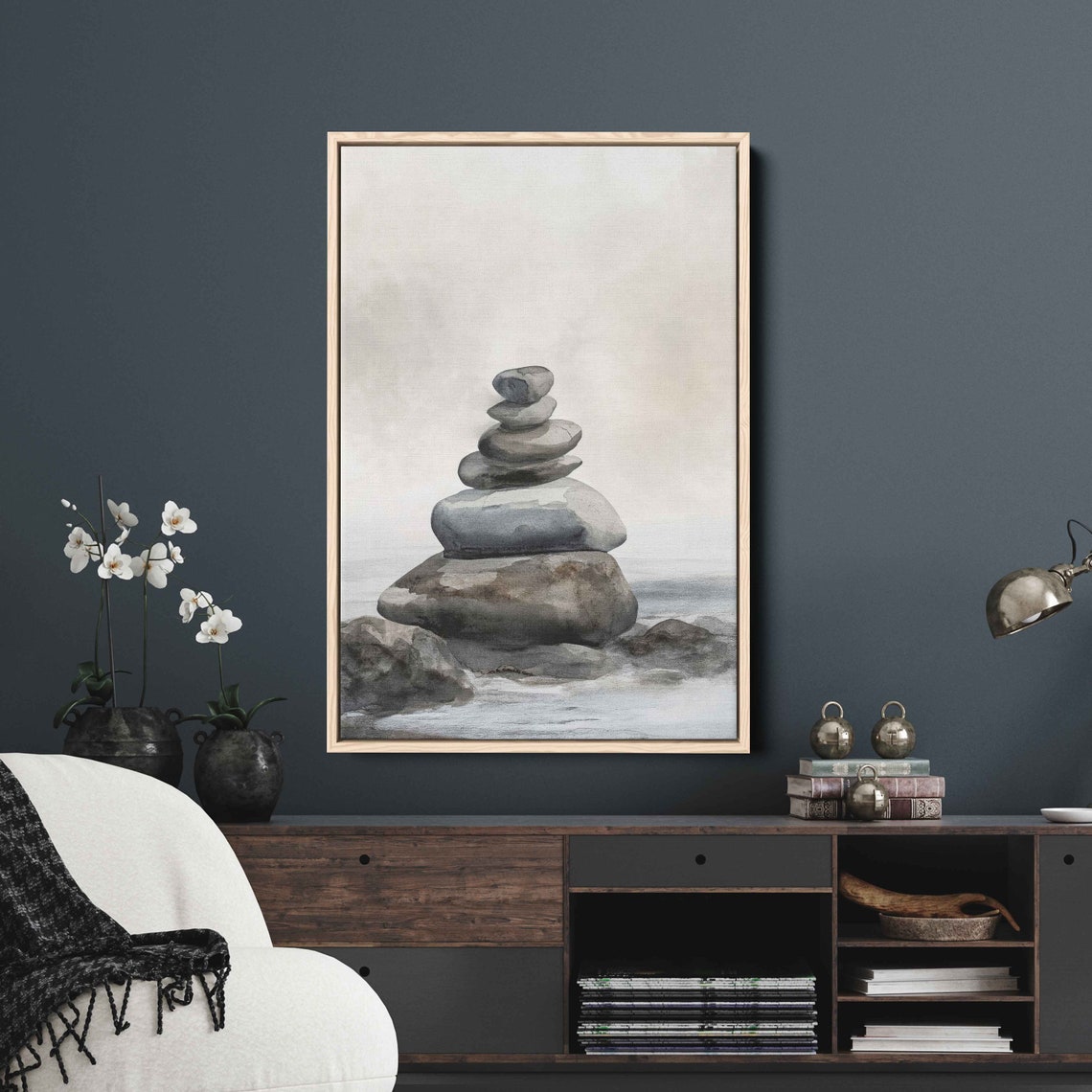 Tall Zen Stone Cairn Balanced Rocks Still Water Minimalist Wall Print - Image 3