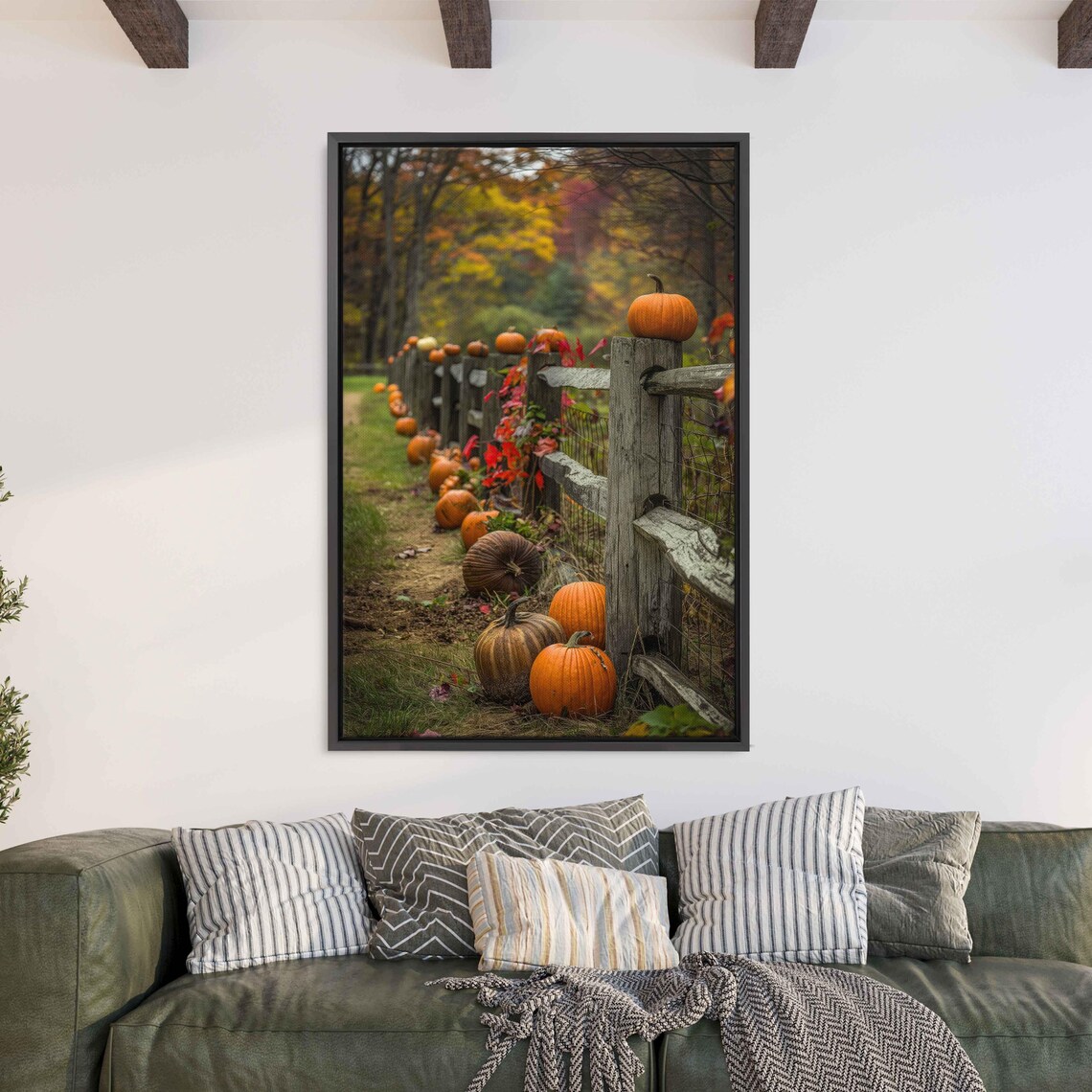 Rustic Wooden Fence Lined With Pumpkins And Red Autumn Vines Photo Poster - Image 3