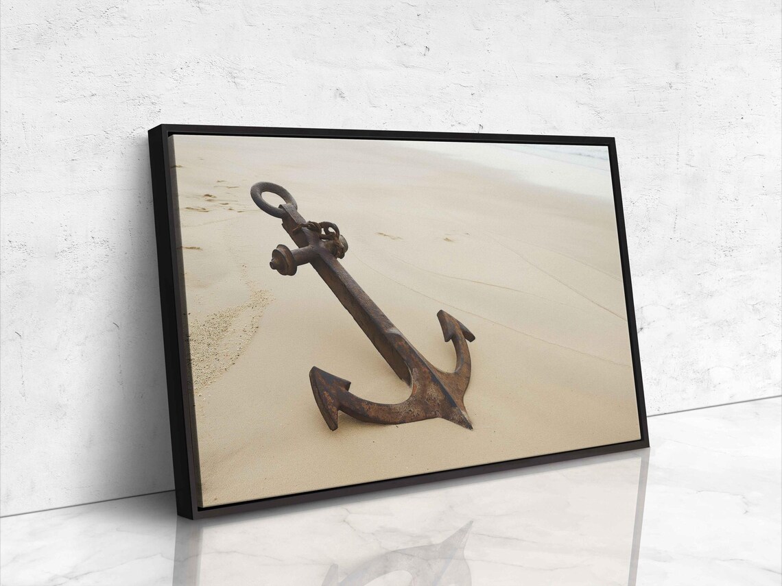 Rusty Vintage Anchor Resting On Pale Sandy Beach Coastal Wall Art Poster - Image 4