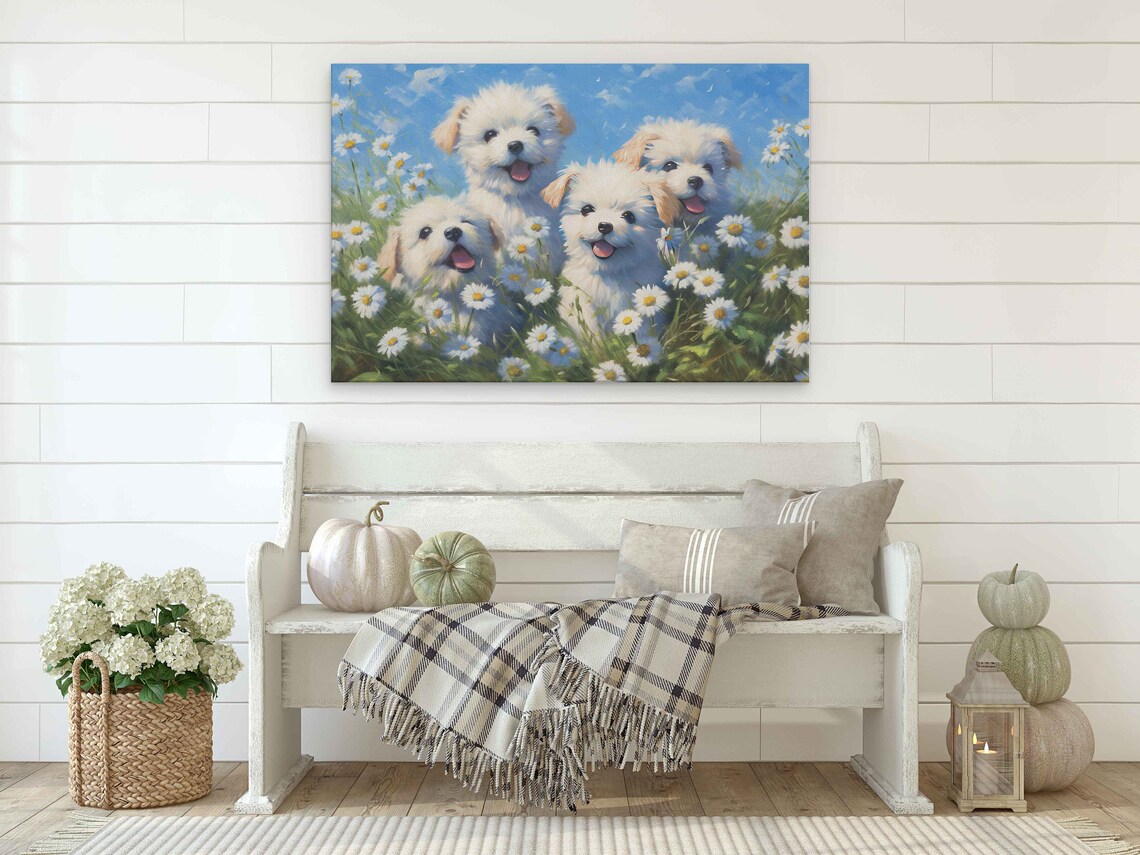 Four White Puppies Daisy Field Happy Puppy Dog Lovers Art Print - Image 2