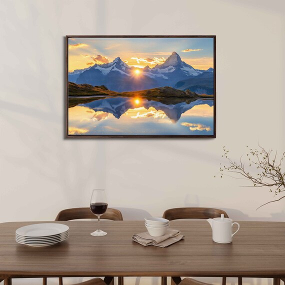 Majestic Sunrise Over The Swiss Alps Cloudy Blue Sky Calm Lake Waters Wall Art Print Ready To Hang