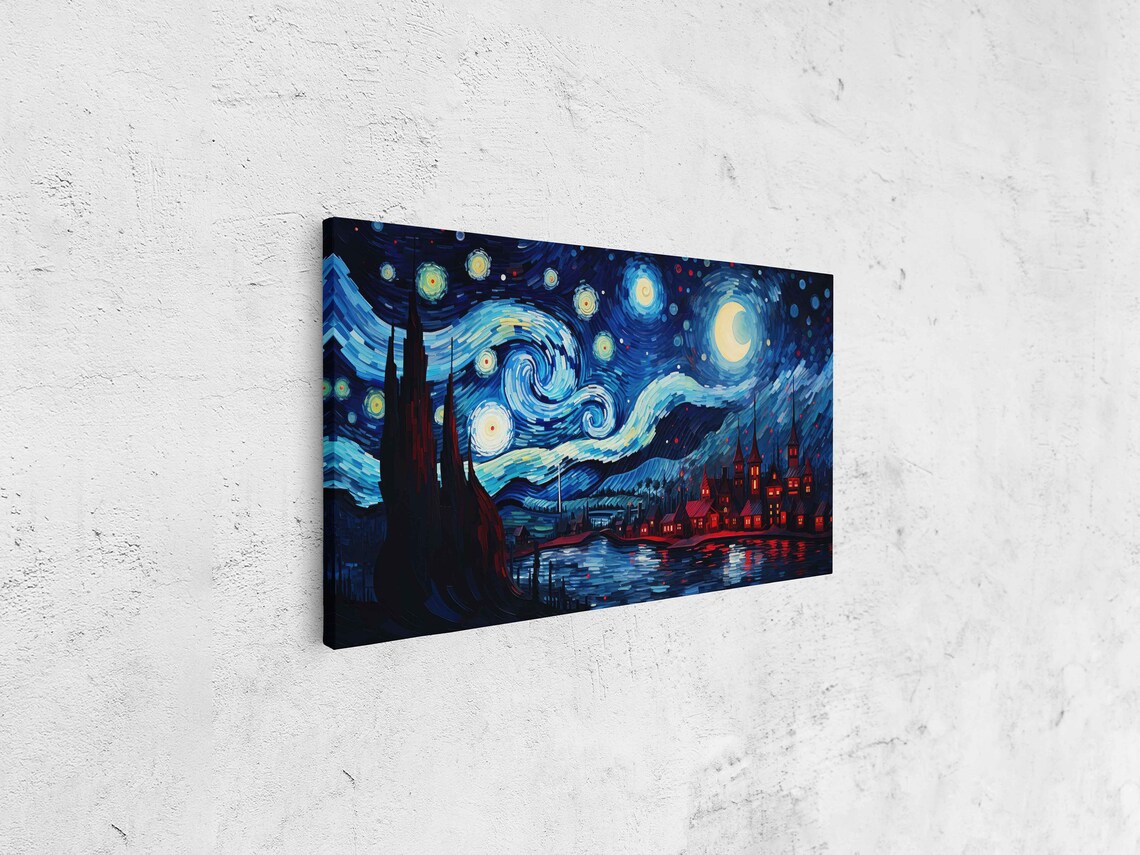 Starry Night Red Coastal Town Swirling Sky Moonlit Water Art Poster - Image 4