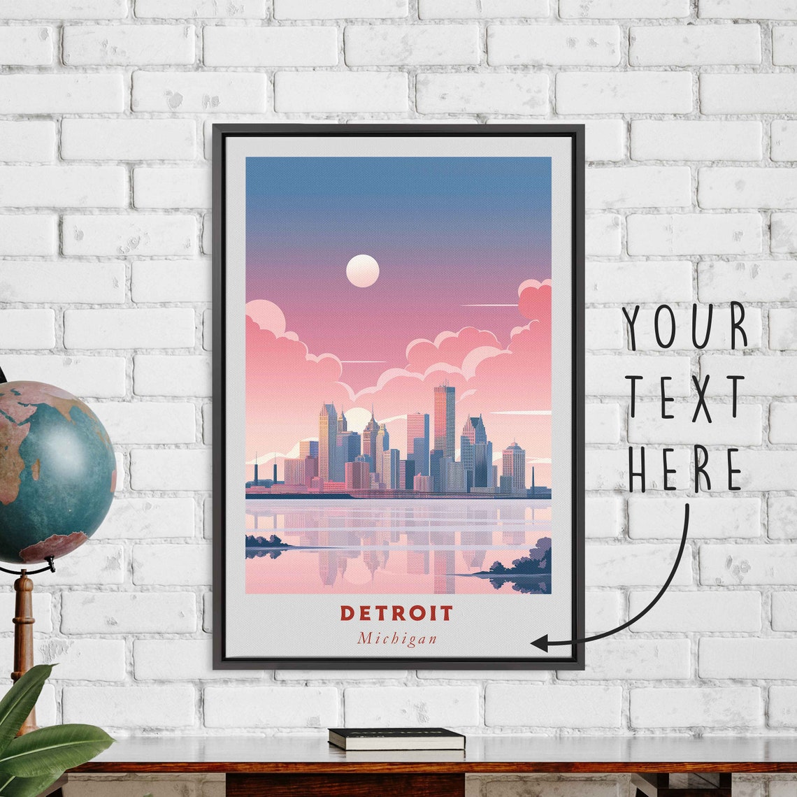 Detroit Michigan Skyline River Reflection Pink Sunset Travel Poster