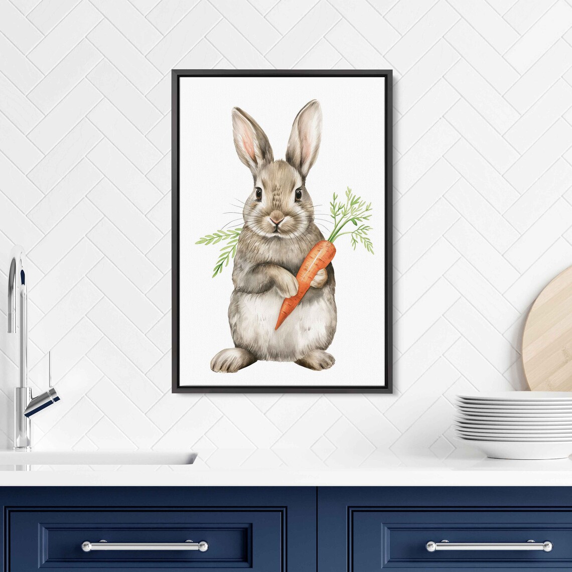 Smiling Bunny Holding Carrot Sweet Minimalist Watercolor Animal Wall Art - Image 3