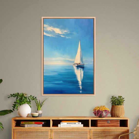 Sailboat With Tall White Sails Calm Blue Ocean Vertical Poster