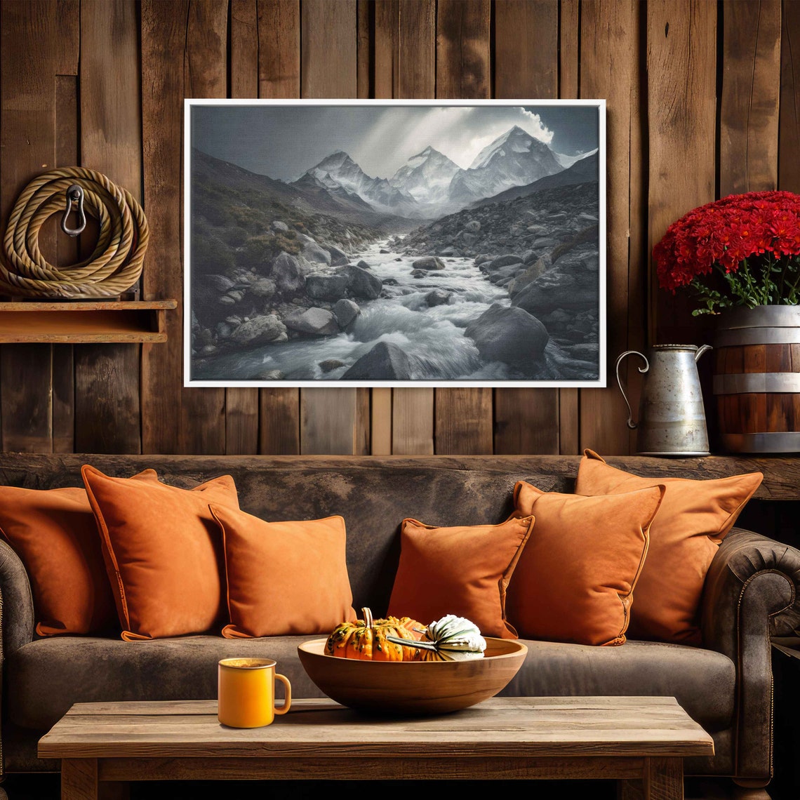 Mountain River Rocks Black And White Dramatic Landscape Photo Print - Image 2