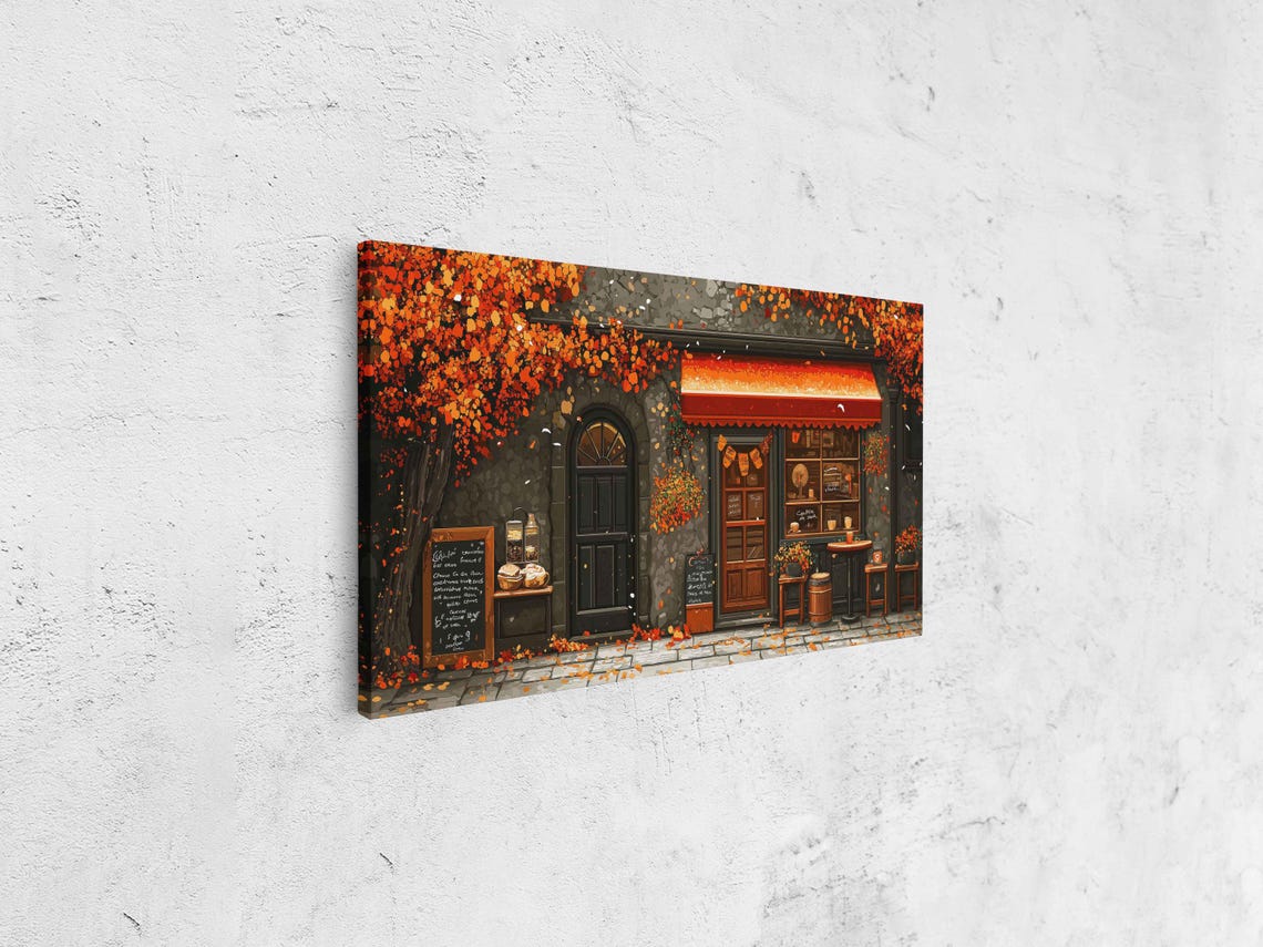 Charming Coffee Shop Storefront Autumn Foliage Red Awning Fall Poster - Image 4