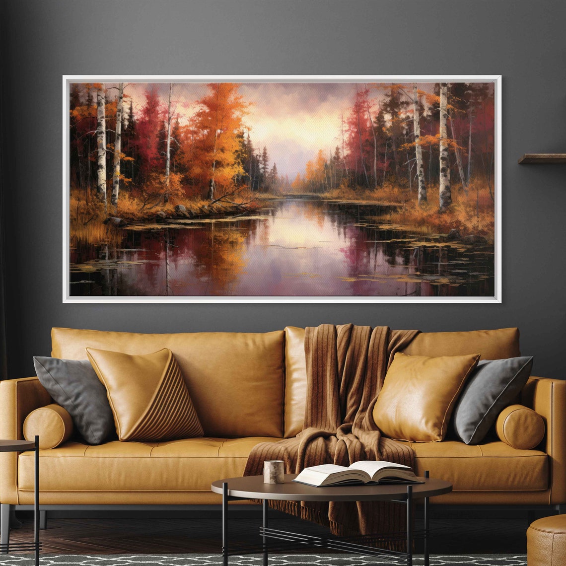 Birch Tree River Autumn Foliage Mirror Water Landscape Painting Poster - Image 3