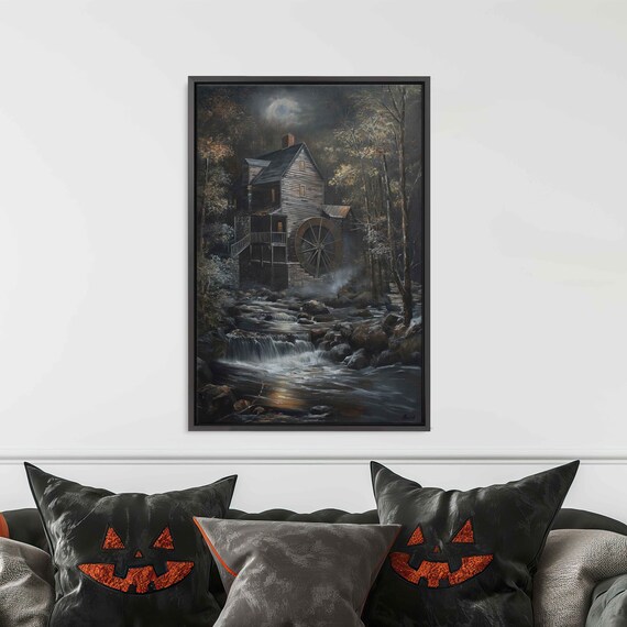 Spooky Old Mill With Waterwheel Flowing Stream Night Landscape Poster