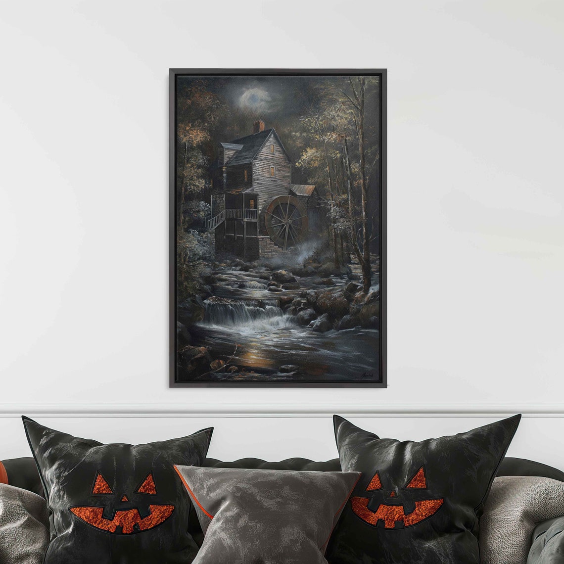 Spooky Old Mill With Waterwheel Flowing Stream Night Landscape Poster