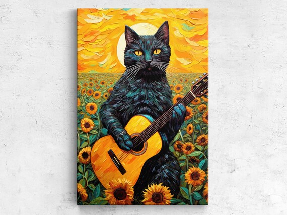 Van Gogh-Inspired Cat Playing Classical Guitar Art Print