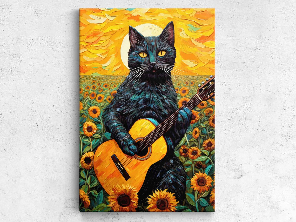Van Gogh-Inspired Cat Playing Classical Guitar Art Print
