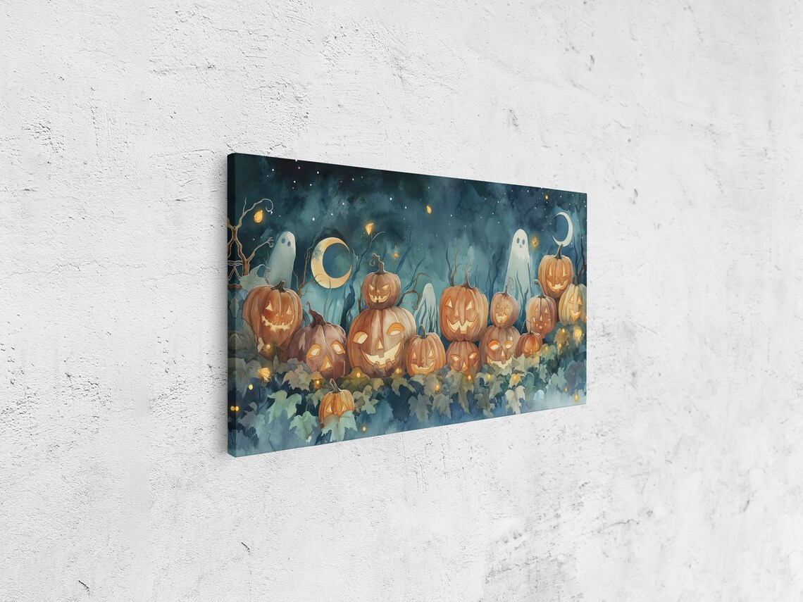 Enchanted Moonlit Pumpkin Patch Glowing Jack O Lanterns Ghosts Art Print - Image 4