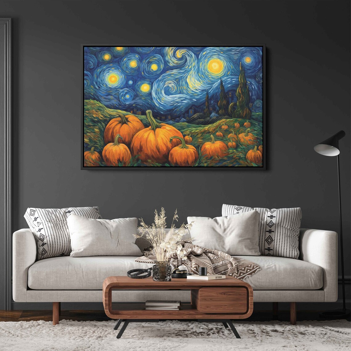 Halloween Pumpkins Under Van Gogh Starry Night Swirling Sky Art Poster - Image 2