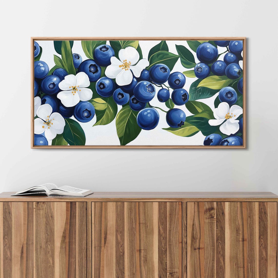Fresh Blueberries White Blossoms Vines Bright Botanical Art Poster