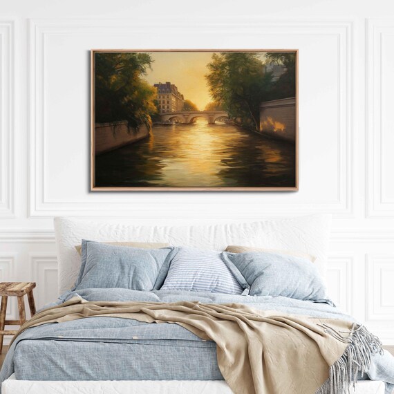 Seine River Sunset Wall Art Print Tranquil Paris Scene Lush Trees And Historical Buildings