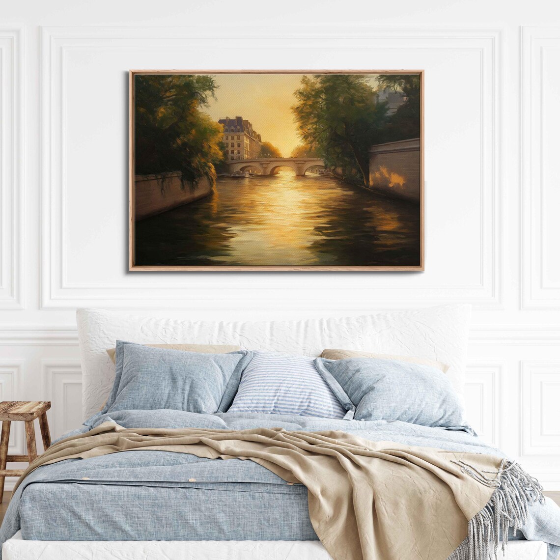Seine River Sunset Wall Art Print Tranquil Paris Scene Lush Trees And Historical Buildings