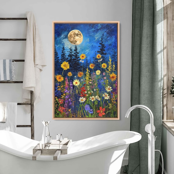 Full Moon Vibrant Wildflower Field Starry Night Meadow Painting Art Poster