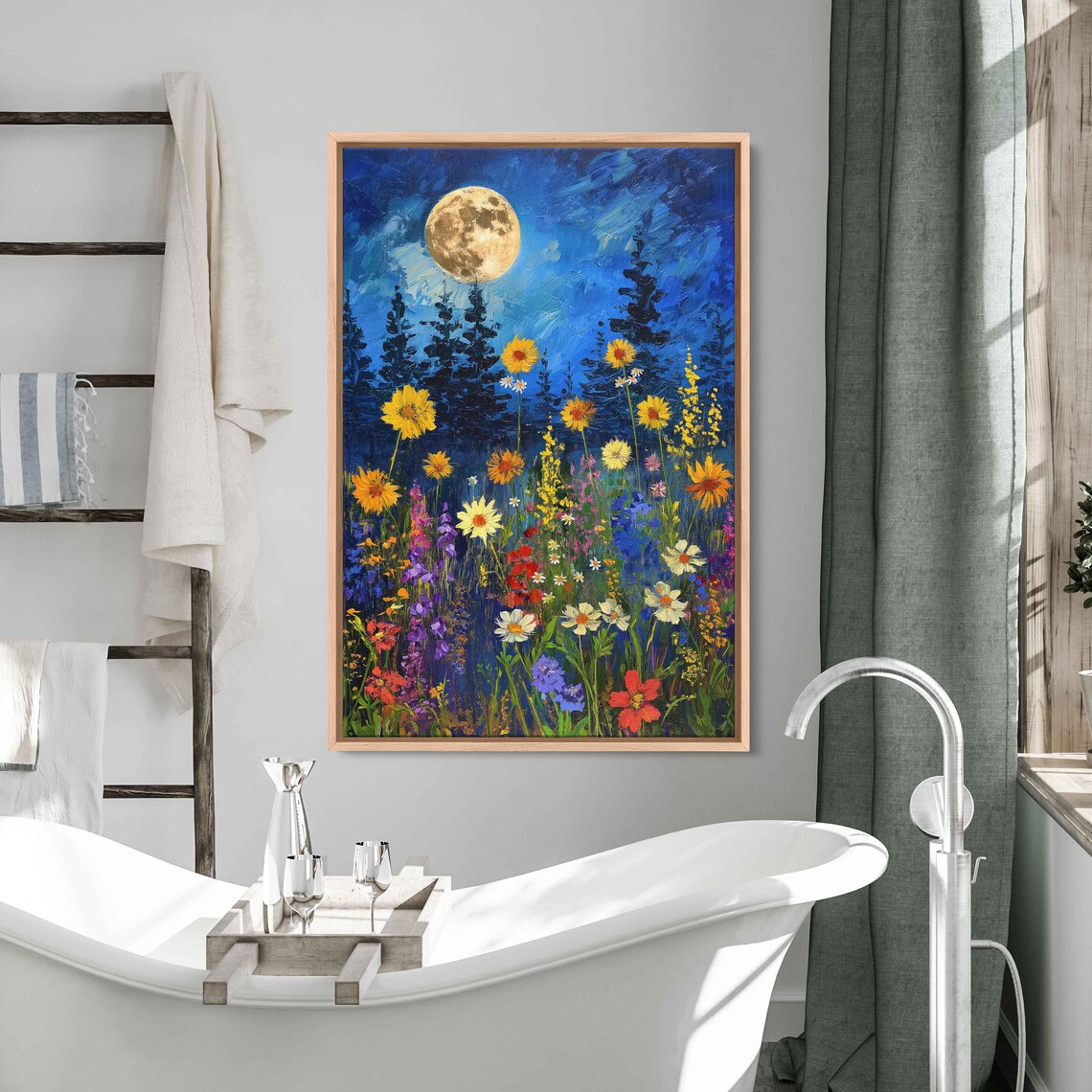 Full Moon Vibrant Wildflower Field Starry Night Meadow Painting Art Poster