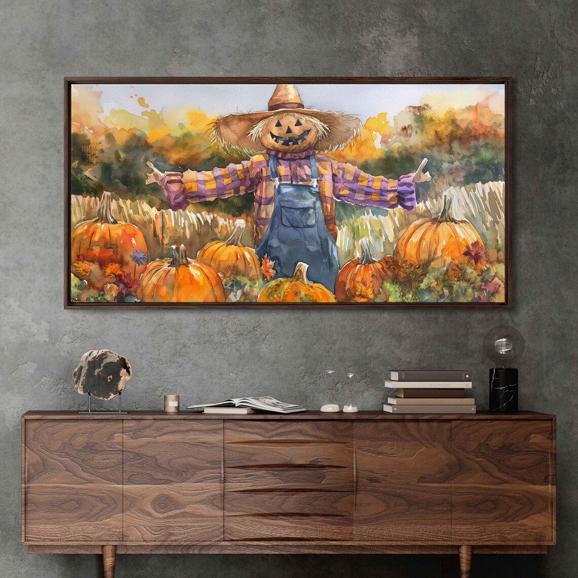 Cheerful Scarecrow In Pumpkin Patch Fall Harvest Watercolor Poster - Image 3