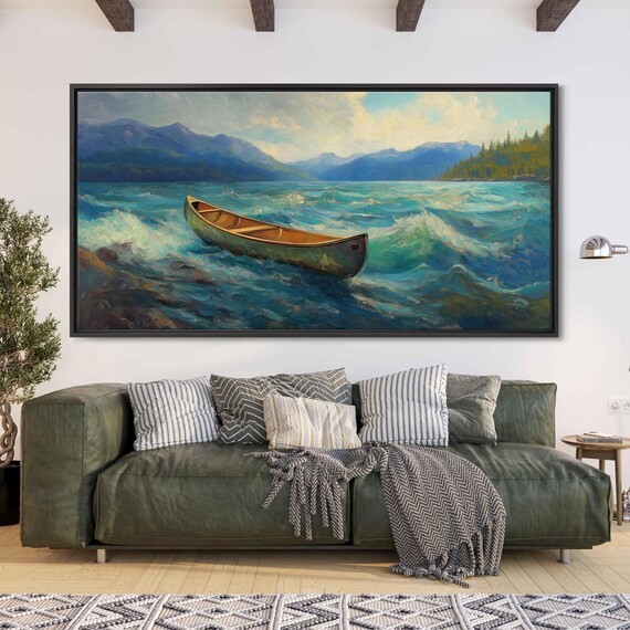 Lone Canoe On Lively Lake Wall Art Print Dynamic Oil Painting Mountain View