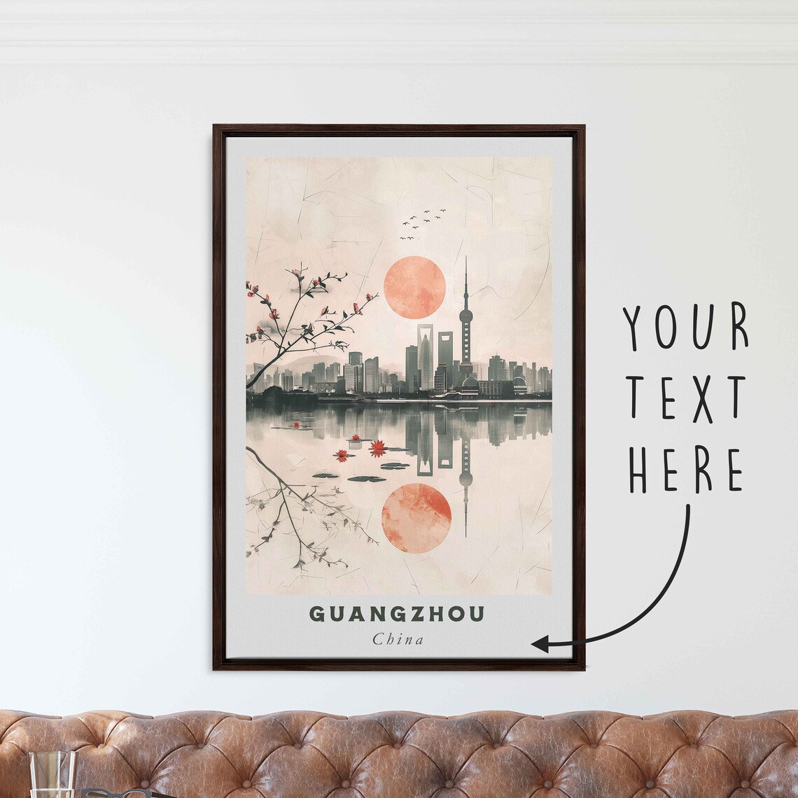 Guangzhou China Minimalist Skyline Watercolor Red Sun Wall Art Poster