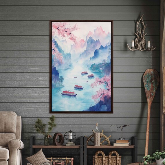 Yangtze River Scene Wall Art Print Vibrant Watercolor Lively Boats Ethereal Mountains